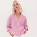 Vintage Merinowolle Pullover, Kaschmirwolle Frauen gestrickte Pullover mit Knöpfen ROSSO / Hellrosa