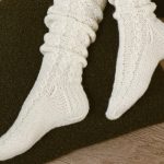 White natural wool socks, Womens high knee socks, Vintage woolen long socks