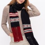 Hand knit woolen scarf with fringles, Organic wool long scarf, black winter scarves