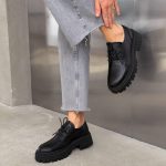 Black Leather Oxford Shoes Women | Lace Up Chunky Sole Shoes | Genuine Leather Derby Shoes - Image 5