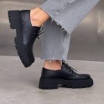 Black Leather Oxford Shoes Women | Lace Up Chunky Sole Shoes | Genuine Leather Derby Shoes - Image 4