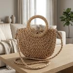 Small Round Bucket Straw Crossbody Bag - Handwoven Semicircle Paper Rope Purse with Letter Ribbon - Boho Summer Vacation Phone Bag for Women - Image 5