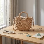 Small Round Bucket Straw Crossbody Bag - Handwoven Semicircle Paper Rope Purse with Letter Ribbon - Boho Summer Vacation Phone Bag for Women - Image 2