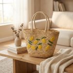 Hand Embroidered Straw Tote - Summer Wheat Woven Bag - Coconut Tree Beach Purse - Versatile Artisanal Handbag - Image 5