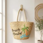 Hand Embroidered Straw Tote - Summer Wheat Woven Bag - Coconut Tree Beach Purse - Versatile Artisanal Handbag - Image 3