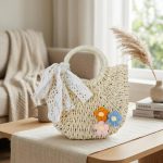 Floral Embroidery Mini Round Straw Bag - New Fresh and Simple Paper Rope Purse - Handheld & Crossbody Satchel - Small Woven Vacation Bag - Image 8