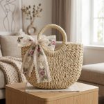 Floral Embroidery Mini Round Straw Bag - New Fresh and Simple Paper Rope Purse - Handheld & Crossbody Satchel - Small Woven Vacation Bag - Image 5