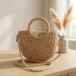 Small Round Bucket Straw Crossbody Bag - Handwoven Semicircle Paper Rope Purse with Letter Ribbon - Boho Summer Vacation Phone Bag for Women