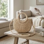 Small Round Bucket Straw Crossbody Bag - Handwoven Semicircle Paper Rope Purse with Letter Ribbon - Boho Summer Vacation Phone Bag for Women - Image 6