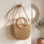 Small Round Bucket Straw Crossbody Bag - Handwoven Semicircle Paper Rope Purse with Letter Ribbon - Boho Summer Vacation Phone Bag for Women - Image 3