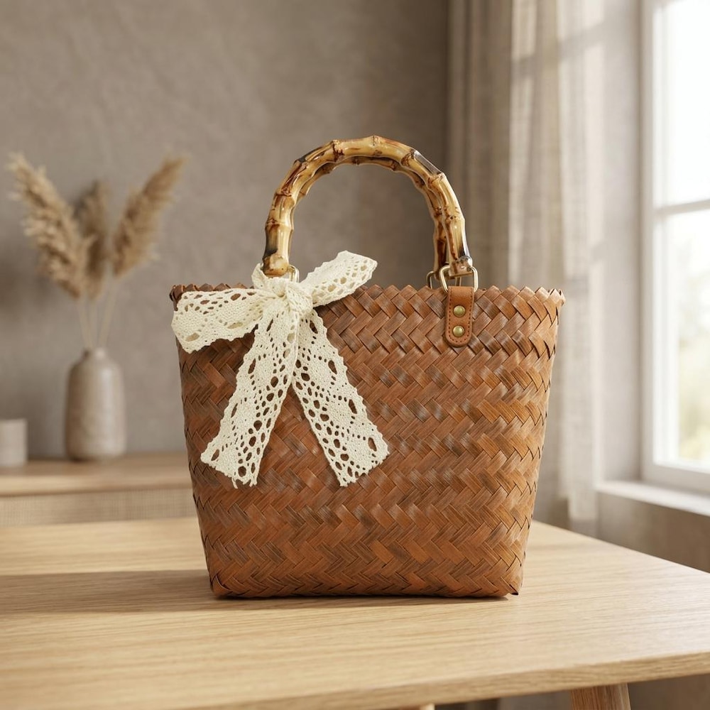 Retro Imitation Bamboo Straw Bag - PVC Woven Beach Tote - Vintage Style Handheld Bag - Clear Texture Summer Handbag