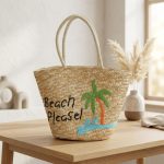 Hand Embroidered Straw Tote - Summer Wheat Woven Bag - Coconut Tree Beach Purse - Versatile Artisanal Handbag