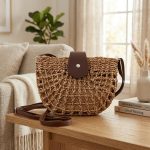 French Retro Semicircle Straw Bag - Cut-Out Saddle Crossbody - Small Fresh Woven Summer Purse - Versatile Semicircular Vacation Satchel
