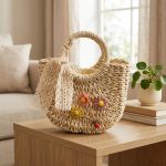Floral Embroidery Mini Round Straw Bag - New Fresh and Simple Paper Rope Purse - Handheld & Crossbody Satchel - Small Woven Vacation Bag - Image 7