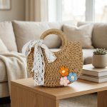 Floral Embroidery Mini Round Straw Bag - New Fresh and Simple Paper Rope Purse - Handheld & Crossbody Satchel - Small Woven Vacation Bag - Image 9
