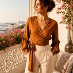Wrap Linen Blouse: Tie Waist, Puff Sleeve Summer Top - Image 10